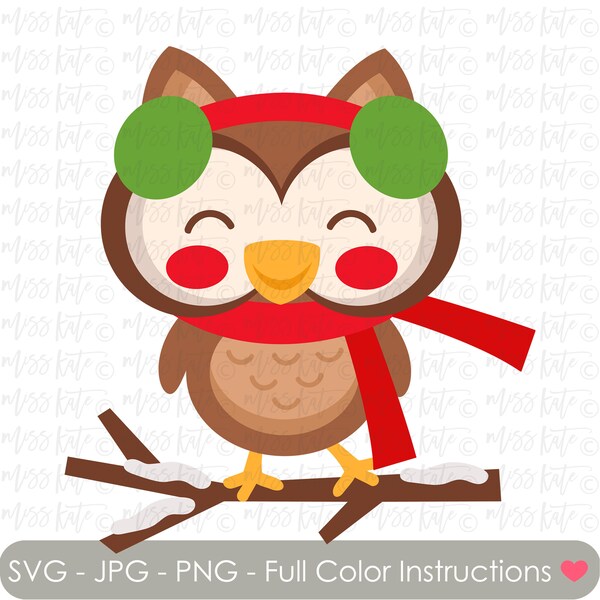 Christmas Owl - SVG PNG JPG files for Christmas Eve Happy Holidays Santa Snow Winter Cozy Scarf Branch Cute Warm Scrapbook Cricut Silhouette