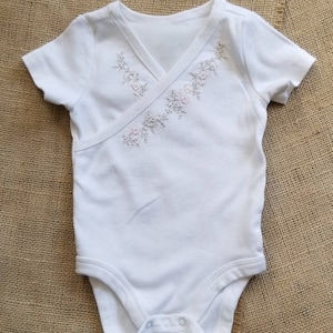 Delicate Embroidered Onesie Bodysuit with Dainty Flowers, V neck, Kimono