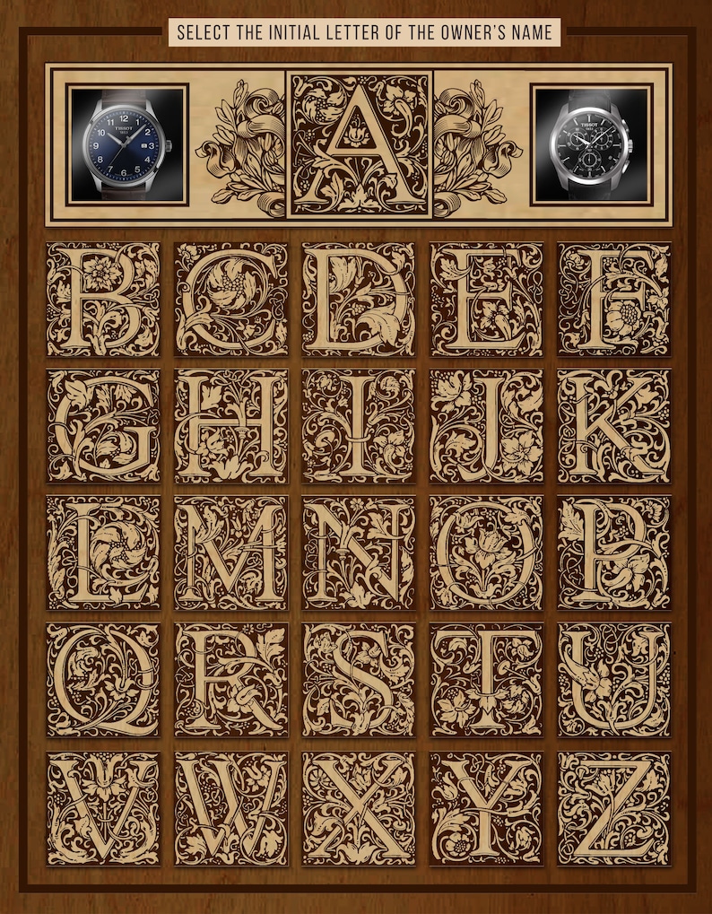 K&ouml;nnte beinhalten: Ein Vintage-Alphabet-Diagramm mit verzierten, dekorativen Buchstaben in einem braunen und cremefarbenen Farbschema. Jeder Buchstabe ist von einem floralen Design umgeben. Die Buchstaben sind in einem Rasterformat angeordnet. Das Diagramm befindet sich auf einem braunen Holzhintergrund.
