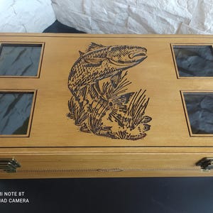 Two-Tier Wooden Watch Box with Red Drum Fish Engraving, Rustic Organizer for Men
