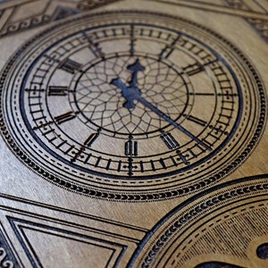 May include: A wooden box with a clock face design. The clock face has Roman numerals and a detailed design. The box is made of dark wood and has a decorative pattern.