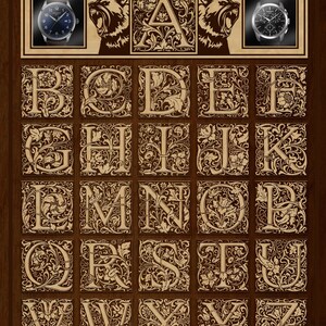 May include: A vintage-style alphabet chart with ornate letters in a brown and gold color scheme. Each letter is surrounded by a decorative floral design. The chart is set against a dark wood background.