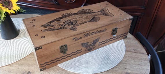 Personalized Wooden Fishing Tackle Box, Largemouth Bass Engraving, Fisherman Gift