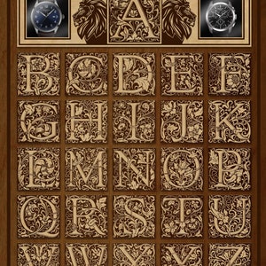 Pu&ograve; includere: Un pannello di legno marrone con un alfabeto decorativo in oro. Ogni lettera &egrave; circondata da un motivo floreale. Le lettere sono A, B, C, D, E, F, G, H, I, J, K, L, M, N, O, P, Q, R, S, T, U, V, W, X, Y e Z. Il pannello ha il testo "SELECT THE INITIAL LETTER OF THE OWNER'S NAME" in alto.
