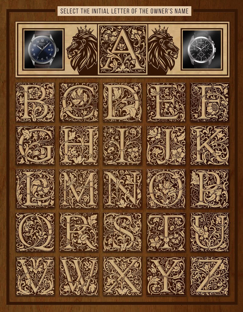 Pu&ograve; includere: Un pannello di legno marrone con un alfabeto decorativo in oro. Ogni lettera &egrave; circondata da un motivo floreale. Le lettere sono A, B, C, D, E, F, G, H, I, J, K, L, M, N, O, P, Q, R, S, T, U, V, W, X, Y e Z. Il pannello ha il testo "SELECT THE INITIAL LETTER OF THE OWNER'S NAME" in alto.