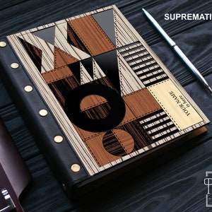 Customized Handmade Notebook A5 &quot;Suprematic Notes3&quot;, Personnalisé Cahier En Bois A5, Personalisierte Geschenk Für Ihn, Notizbuch A5 Aus Holz