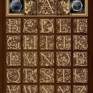 May include: A decorative alphabet chart with each letter surrounded by intricate floral designs. The letters are in a traditional font style. The chart is on a wood background.  The initial letter "A" is highlighted with a horse illustration and a watch.