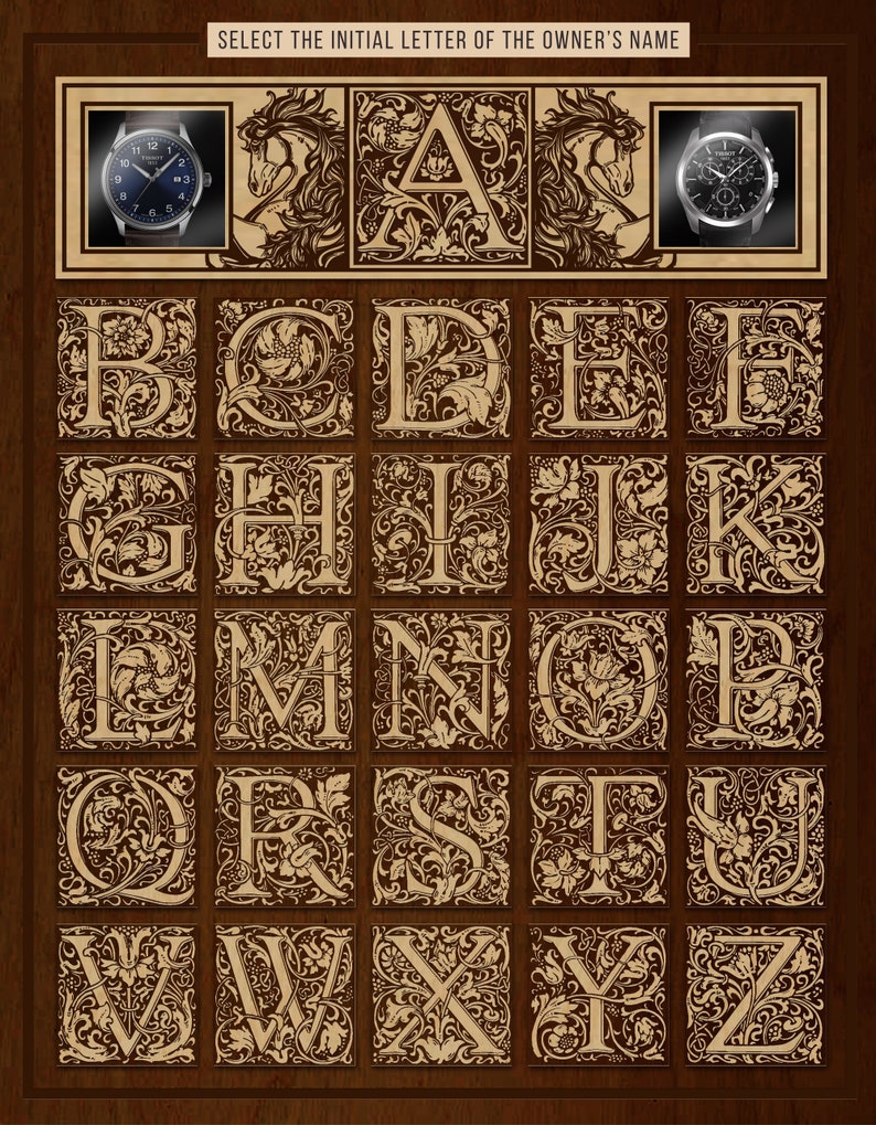 May include: A decorative alphabet chart with each letter surrounded by intricate floral designs. The letters are in a traditional font style. The chart is on a wood background.  The initial letter "A" is highlighted with a horse illustration and a watch.