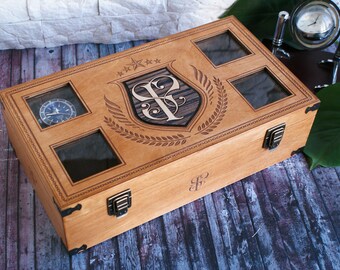 100% Personalized Organizer For Men, Handmade Vintage Style Watch Box "Hero of the Day", Two Tier Wooden Organizer, Monogarm Style Gift