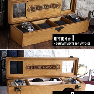 May include: Two wooden watch boxes with glass lids. The top box has four compartments for watches and the text "ZEITVERTREIBER" engraved on the lid. The bottom box has two compartments for watches and two compartments for glasses and the text "HENRIK WARSOW" engraved on the lid.