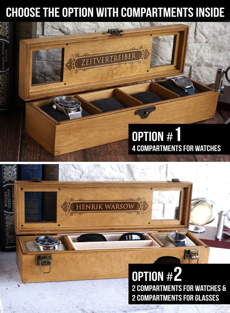May include: Two wooden watch boxes with glass lids. The top box has four compartments for watches and the text "ZEITVERTREIBER" engraved on the lid. The bottom box has two compartments for watches and two compartments for glasses and the text "HENRIK WARSOW" engraved on the lid.