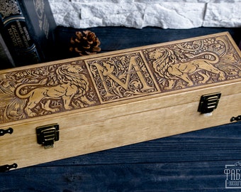 100% Personalized Two-Tier Cufflink Organizer, Design With Lions, Wooden Handmade Box For Cufflink Storage