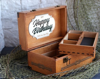 Happy Birthday Gift For Fisherman, Custom Engraved Wooden Tackle Box, Marlin Fish Design, Adventure Gift