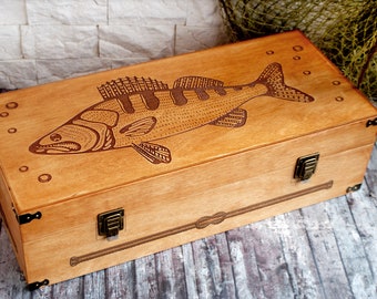 Zander Fishing, Caixa de Equipamentos de Pesca Personalizada e Feita à Mão, Caixa de Madeira para Coleta de Iscas, Presente de Aposentadoria, Presente de Jubileu de Pescador, Caixa de Equipamentos Rara