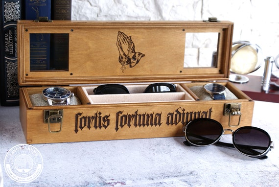 Custom Wooden Watch and Glasses Organizer Box, Monogrammed Praying Hands Engraving