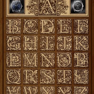 May include: A vintage-style alphabet chart with each letter framed in a decorative floral design. The letters are in uppercase and are in a brown color against a beige background. The chart is on a wood-grain background.