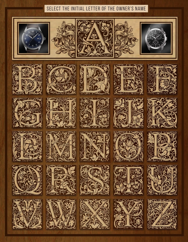 May include: A vintage-style alphabet chart with each letter framed in a decorative floral design. The letters are in uppercase and are in a brown color against a beige background. The chart is on a wood-grain background.
