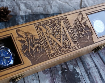 Customized Watch Box, Wooden Watch Box "Wolves", Christmas Gift, Original Gift For Him, Father's Day Gift, Vintage Style Watch Box, VIP gift