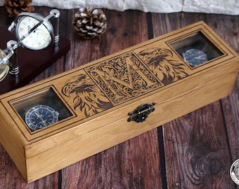Eagle Design, Personalized box for 4 watches, handmade custom watch box, wooden watch organizer, monogram design, vintage style watch box