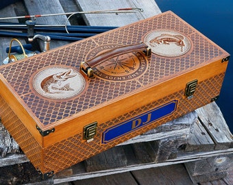 Boîte à Pêche En Bois Vintage Avec Leurres XL - Fabriquée Main - Éduardian