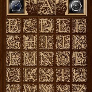 May include: A vintage style alphabet chart with each letter in a decorative frame with floral designs. The letters are in uppercase and are in a brown colour. The background is a dark wood grain.