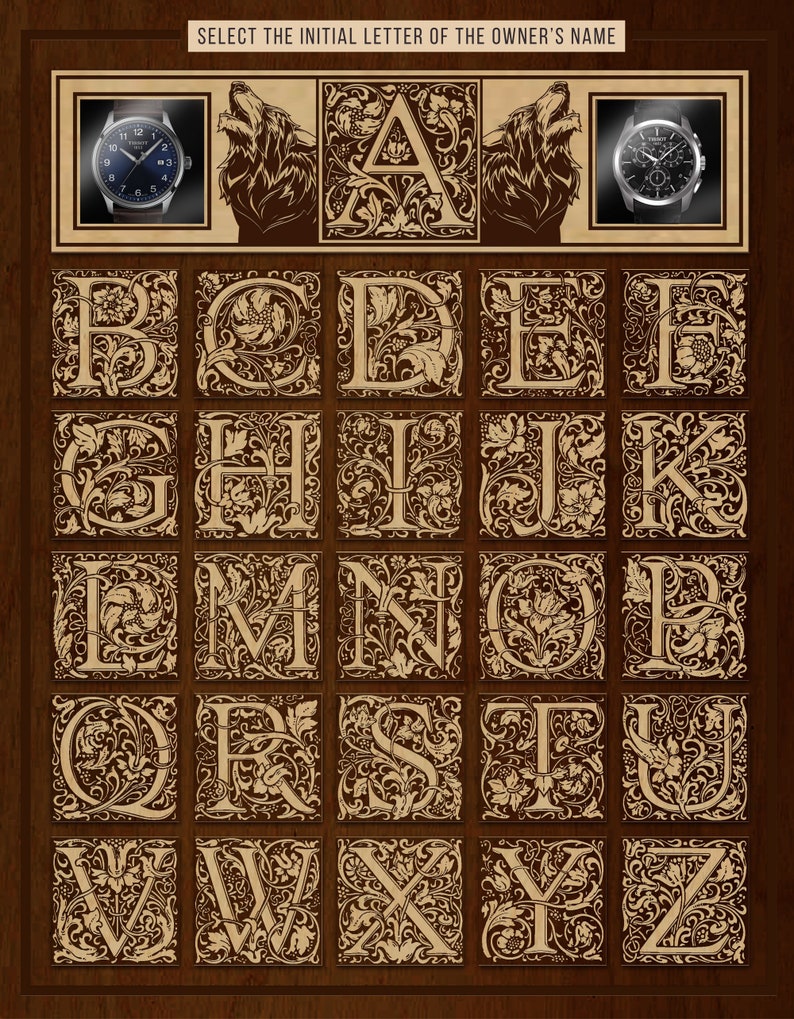 May include: A vintage style alphabet chart with each letter in a decorative frame with floral designs. The letters are in uppercase and are in a brown colour. The background is a dark wood grain.