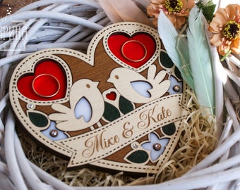 Wedding Wood Ring Bearer Pillow "Birds in Love", Personalisiertes Holz Ringhalter, Support Pour Alliances Mariage
