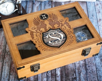 Custom Watch Box, Zodiac Design, Handmade Wooden 6 Watch Organizer, Old School Design, Custom Monogram Design, Vintage Style Jubilee Gift