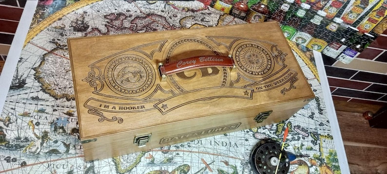 Custom Tackle Box, Wooden Box For Lure And Bait Storage, "Old School" Fisherman Gift, Christmas gift, VIP Gift, Retirement Gift, Vintage Box image 9