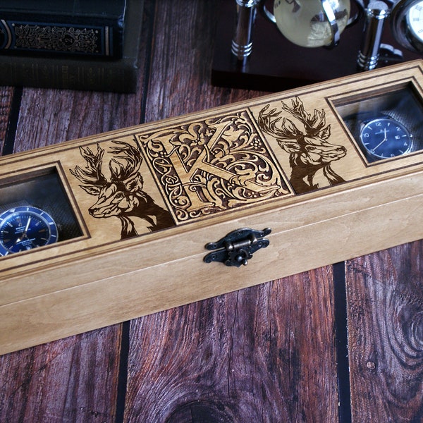 Personalized Wood Watch Box "Deers", Uhrenbox Für 4 Aus Holz, VIP gift, Personalisierte Geschenk Für Ihn, Premium Gift, Father's Day