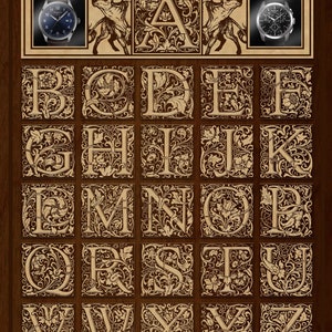 May include: A vintage style alphabet chart with ornate floral designs surrounding each letter. The chart is on a brown wood background. Two watches are shown at the top of the chart, one on each side of the letter "A".