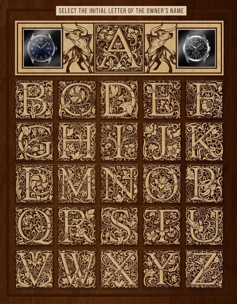 May include: A vintage style alphabet chart with ornate floral designs surrounding each letter. The chart is on a brown wood background. Two watches are shown at the top of the chart, one on each side of the letter "A".