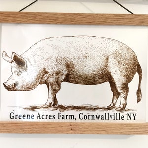 May include: A black and white illustration of a pig on a white background with the text "Greene Acres Farm, Cornwallville NY" at the bottom.
