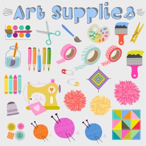 May include: A collection of colorful art and craft supplies, including paint, brushes, yarn, sewing machine, and more.