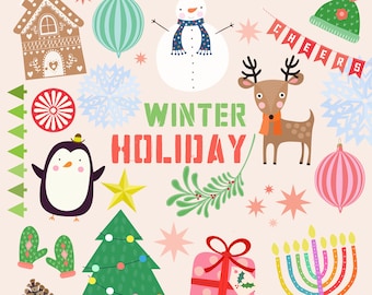 Winter Holiday Clipart - Christmas Clipart, Menorah Clipart, Snowflake Clipart - Instant Download PNGs