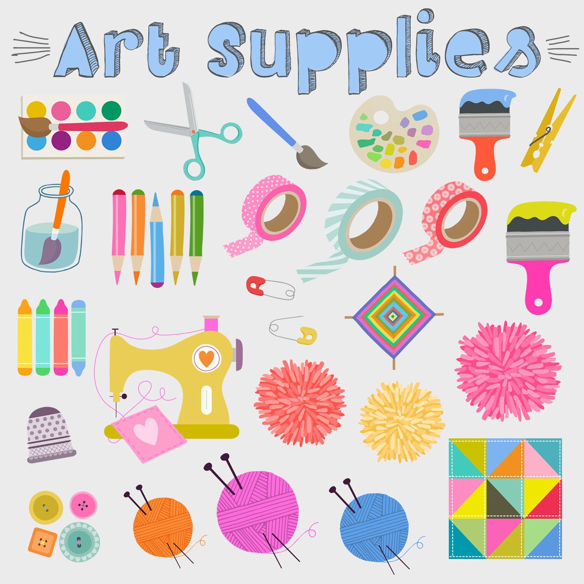 Watercolor craft supplies clipart, art supplies, glue gun, coloring  crafting graphics commercial use png