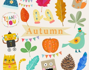 Autumn Clipart - Leaves Clipart, Pumpkin Clipart, Halloween Clipart, Feathers Clipart - Instant Download PNGs