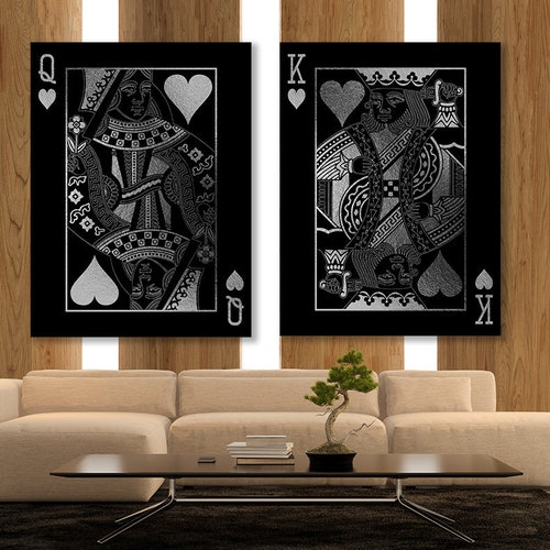 King & Queen shops of Hearts Silver Playing Card Duo Poker Canvas Set Wall Art Pop Poster Home Decor