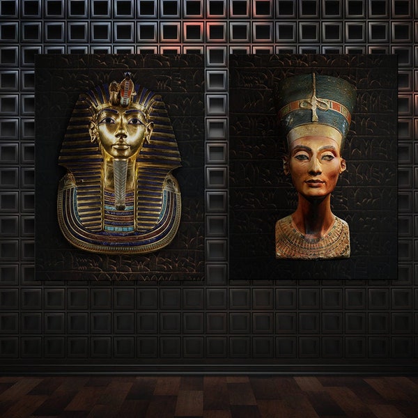 Pharaon Néfertiti Toutankhamon Egypte Ancienne Impression sur Toile Mur Art Décor Affiche Peinture Ensemble de 2 Pièces