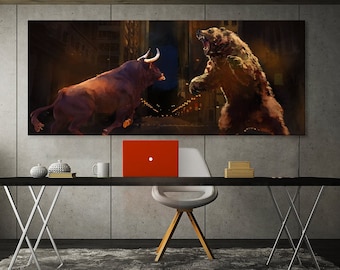 Bull vs Bear Charging Stock Market Trader Financial Canvas Print Wall Art Home Decor Painting Poster
