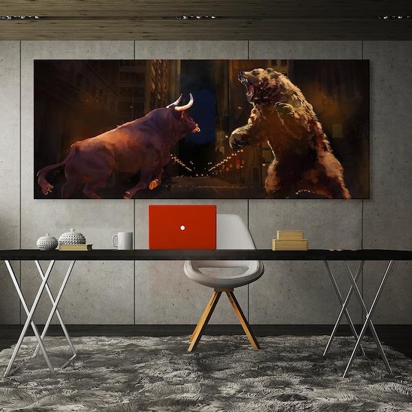 Bull vs Bear Charging Stock Market Trader Financial Canvas Print Wall Art Home Decor Painting Poster