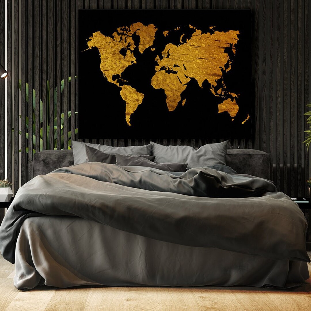 Gold World Map Canvas Wall Art Poster Home Decor Painting Etsy