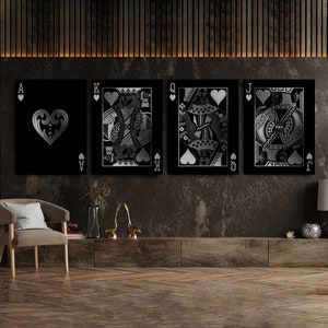 King & Queen of Hearts Set of 4 Ace Jack Silver Playing Card Poker Canvas Wall Art Pop Poster Home Decor
