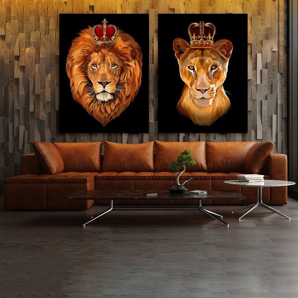 4 Panel Wall Decor The Lion King and Queen with Crown Wall Art African