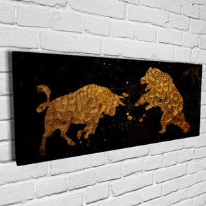 Bull vs Bear Wall Street Stock Market Charging Gold Golden Entrepreneur Trader Financial Broker Painting Art Canvas Wall Art Poster