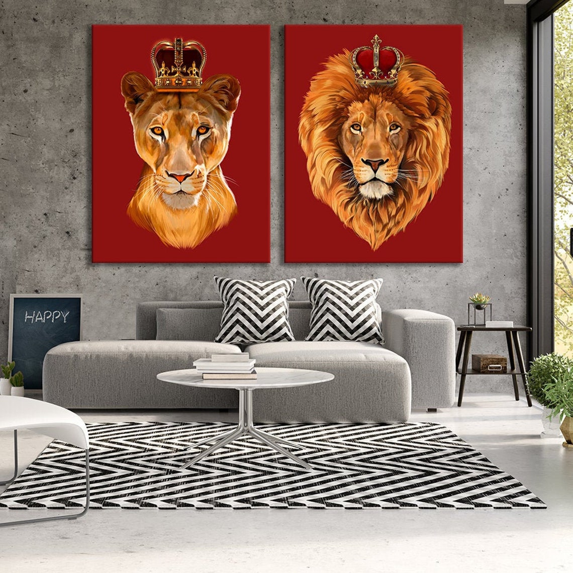 Lion & Lioness King Queen Crown Canvas Set Wall Art Pop | Etsy