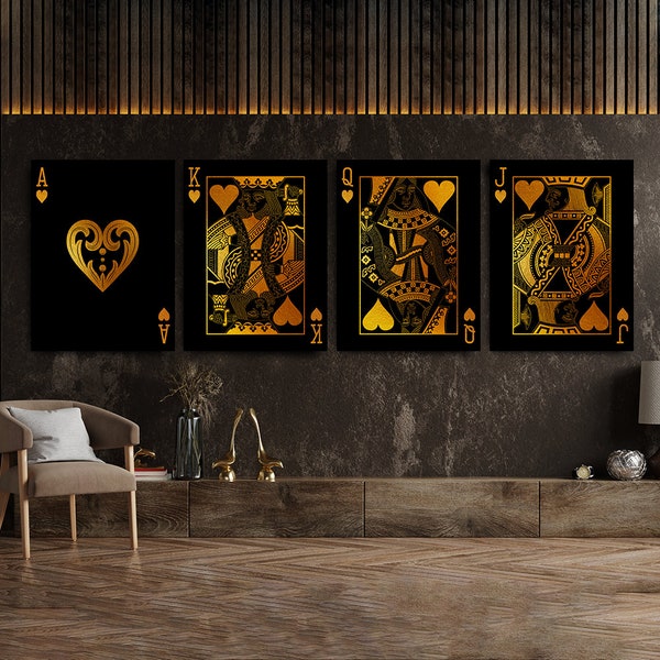 King & Queen of Hearts Set of 4 Ace Jack Gold Playing Card Poker Canvas Wall Art Pop Poster Home Decor *NOT REAL FOIL*