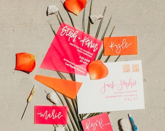 Acrylic Wedding Invitation with Calligraphy / Acrylic Invitation / Wedding Acrylic / Pink and Orange / Custom Wedding Suite / Modern Wedding