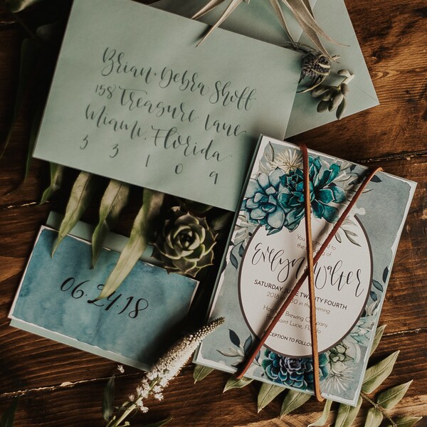 Hand Written, Semi-Custom, Calligraphy Invitation with Teal Watercolor and Succulents Deposit