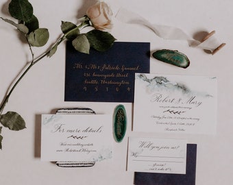 Hand Written, Semi Custom, Calligraphy Wedding Invitation with Green Ombre Watercolor Deposit